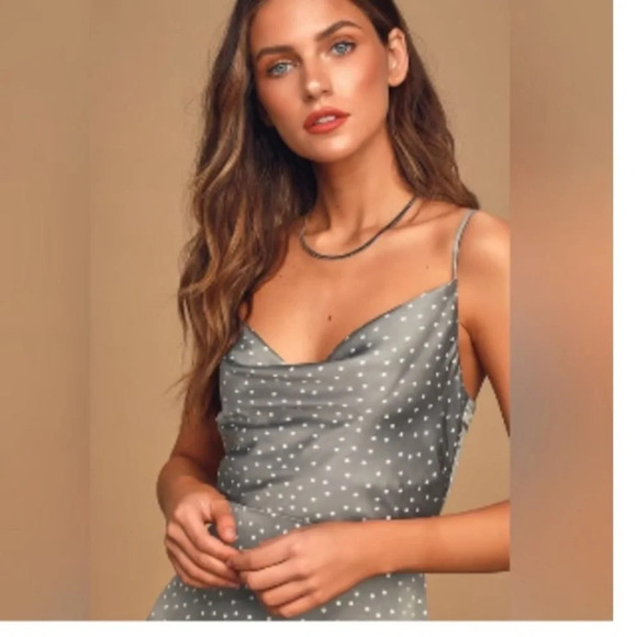 Lulus Spot in My Heart Polka Dot Gray Satin Cowl Neck Mini Dress - Picture 2 of 13